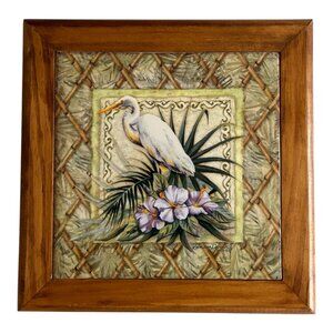 Cape Shore Kathleen Denis Egret Bird Tropical Floral Wall Art Tile Wood Frame 20